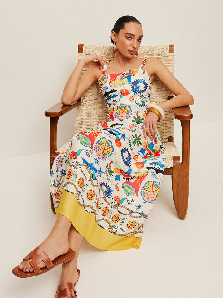 Renkli Baskılı Askılı Elbise