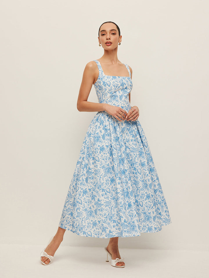 Cepli Kare Yaka Baskılı Elbise