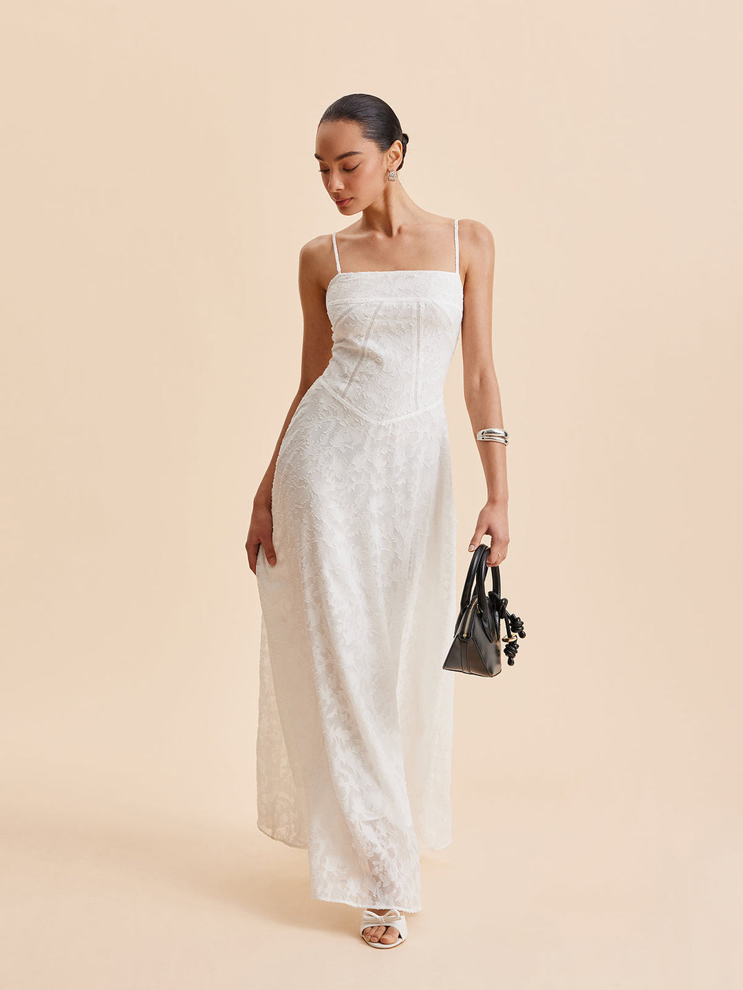 Şifon Çiçekli Dantel Askılı Elbise