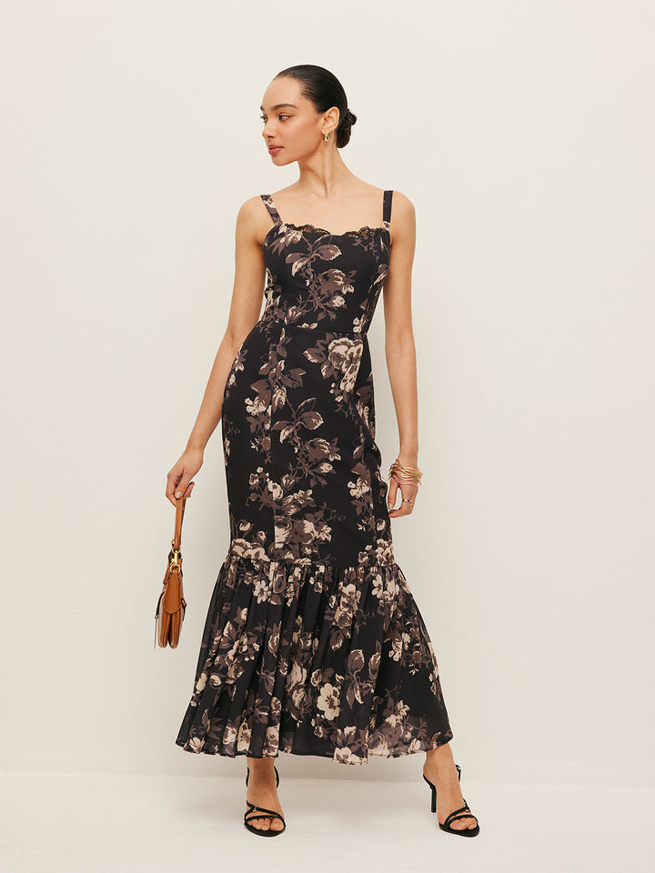 Şifon Çiçekli Volanlı Etek Elbise