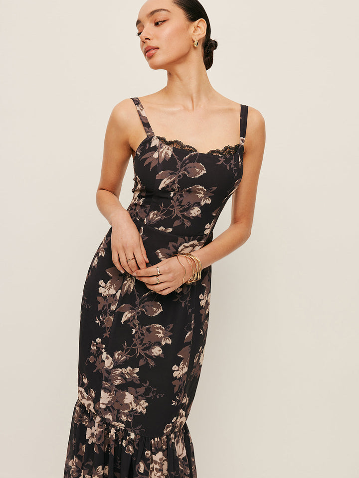 Şifon Çiçekli Volanlı Etek Elbise