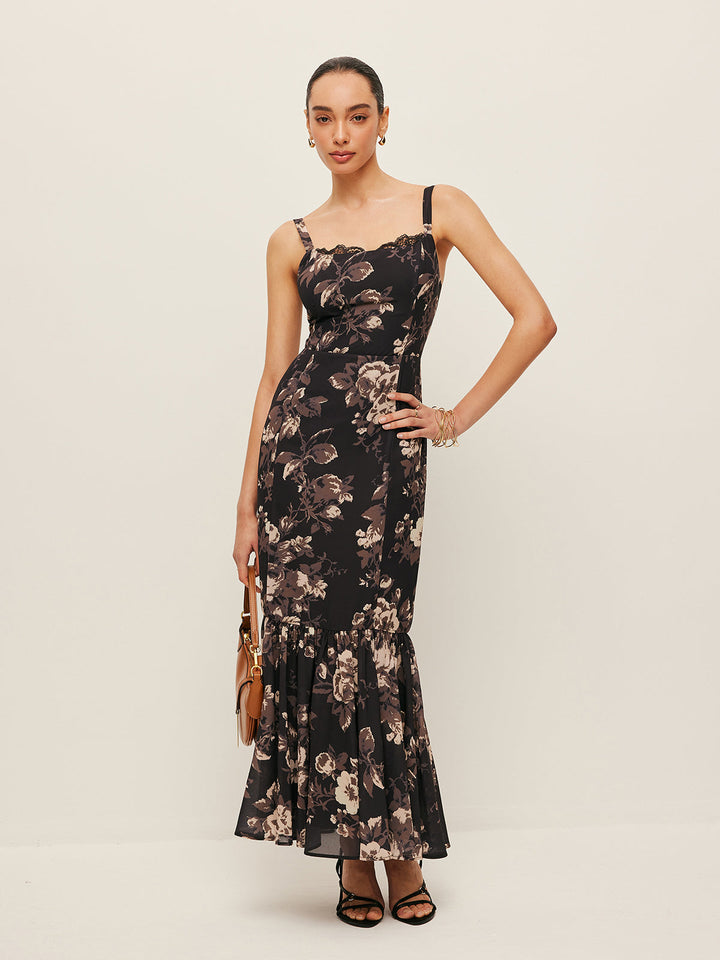 Şifon Çiçekli Volanlı Etek Elbise