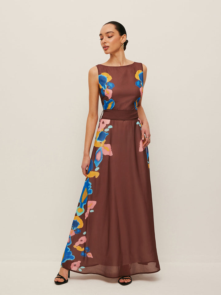 V-Sırt Fiyonk Detaylı Baskılı Elbise