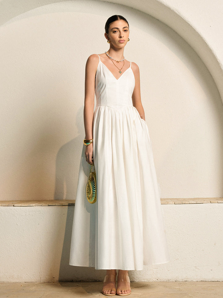 Sırtı Açık Spagetti Askılı Pileli Elbise