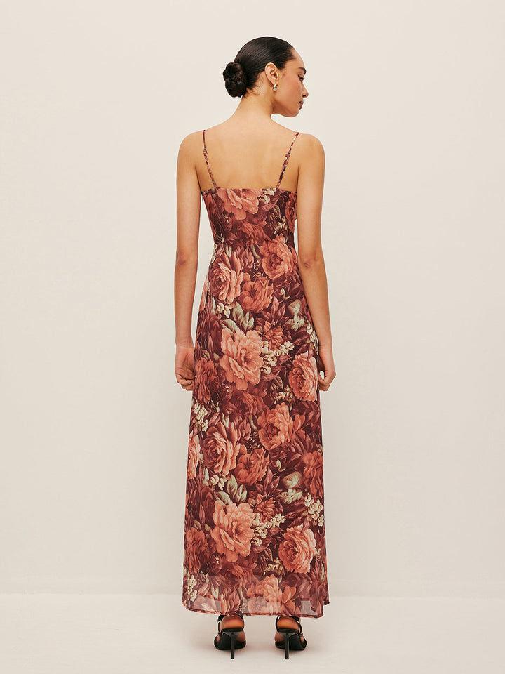 Yarı Şeffaf Çiçekli Şifon Askılı Elbise