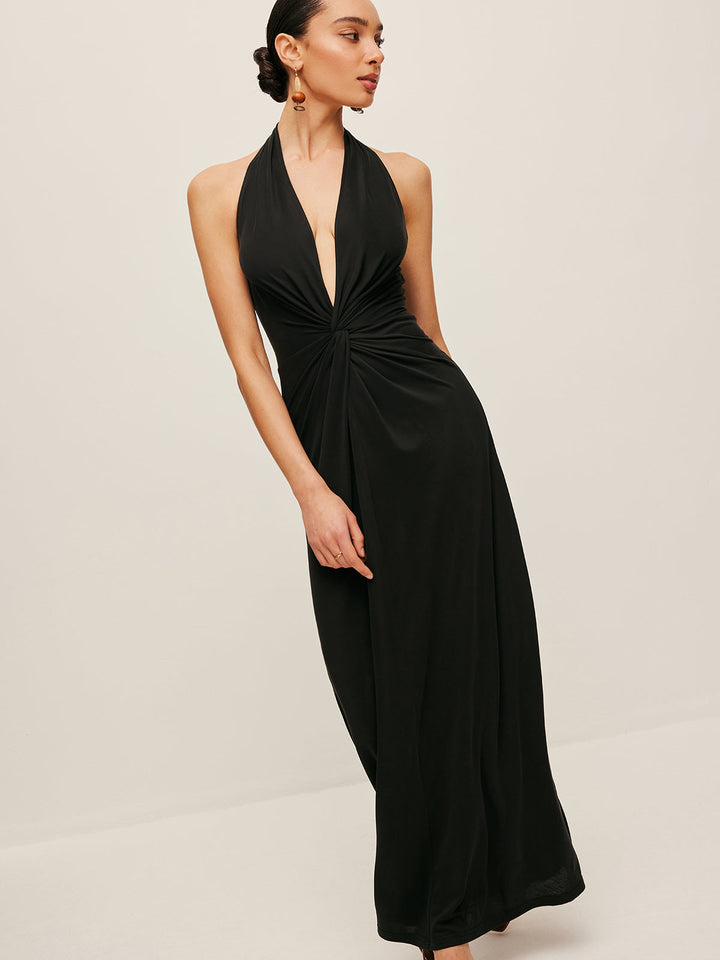 V Yaka Büküm Ön Askılı Elbise