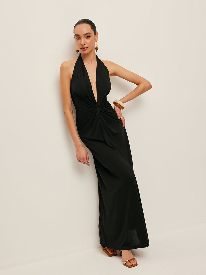 V Yaka Büküm Ön Askılı Elbise