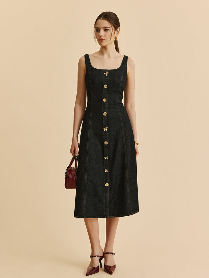 Kare Yaka Kot Düğmeli Elbise