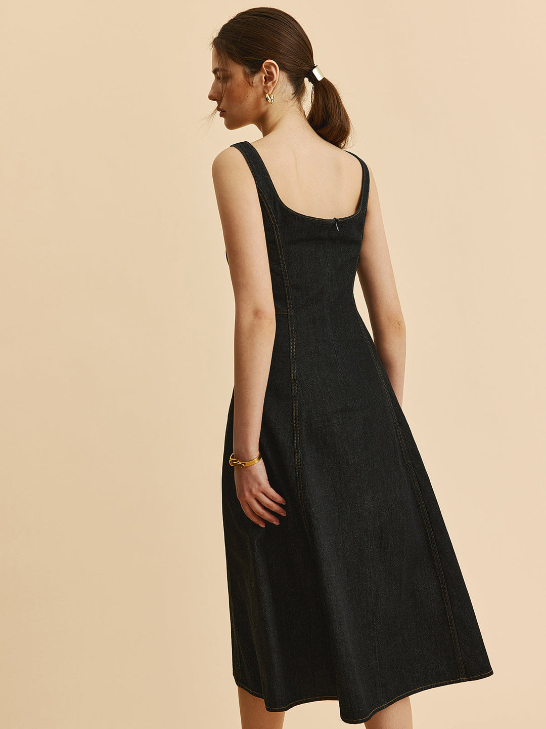 Kare Yaka Kot Düğmeli Elbise