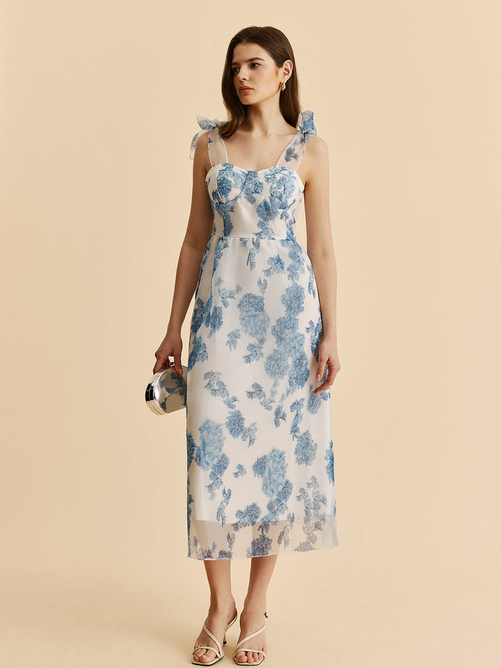 Çiçekli Fiyonk Askılı Elbise