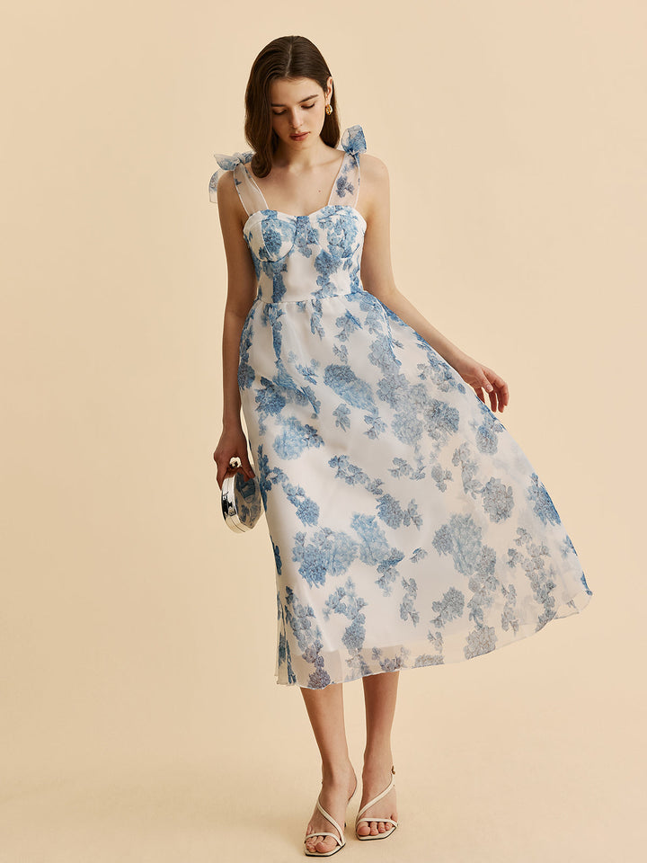 Çiçekli Fiyonk Askılı Elbise