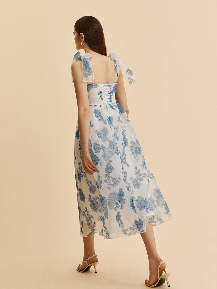 Çiçekli Fiyonk Askılı Elbise