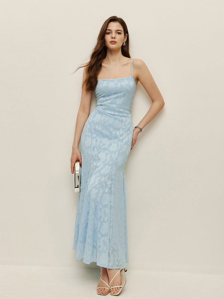 Bağcıklı Sırt Çiçekli Dantel Elbise