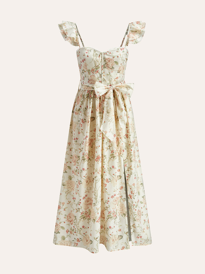 Volanlı Askılı Bağcıklı Çiçekli Elbise