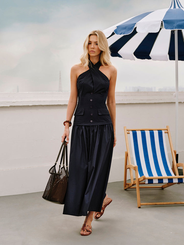 Halter Çapraz Yaka Fermuar Dekor Cepli Elbise