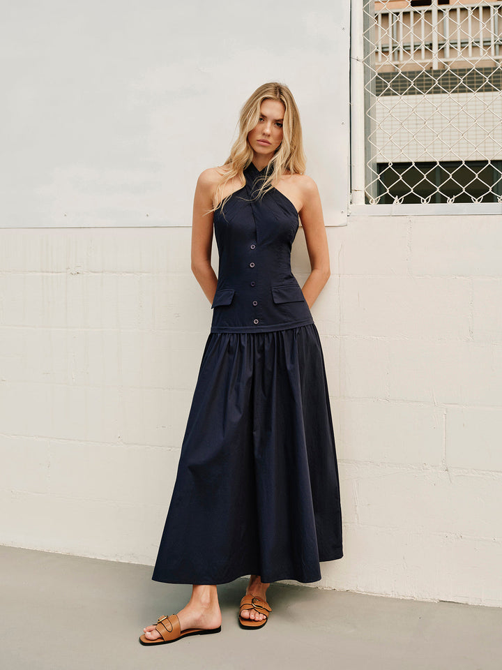 Halter Çapraz Yaka Fermuar Dekor Cepli Elbise