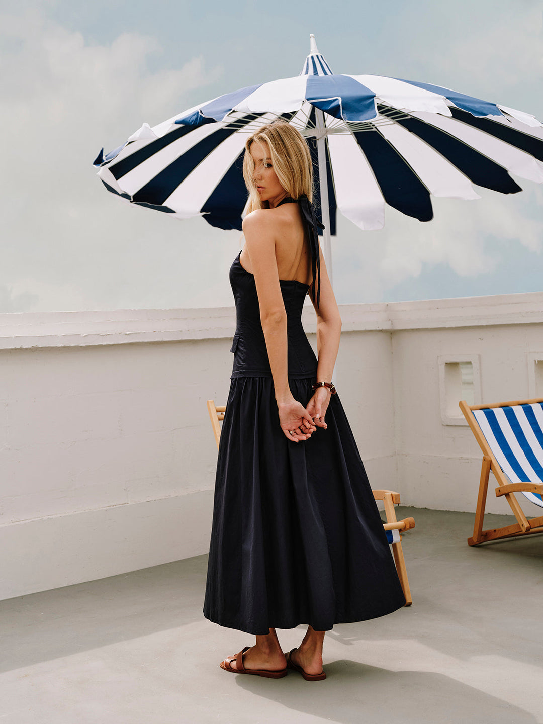 Halter Çapraz Yaka Fermuar Dekor Cepli Elbise