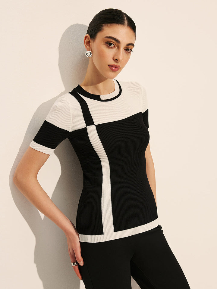 Renk Bloklu Yivli Örgü Üst