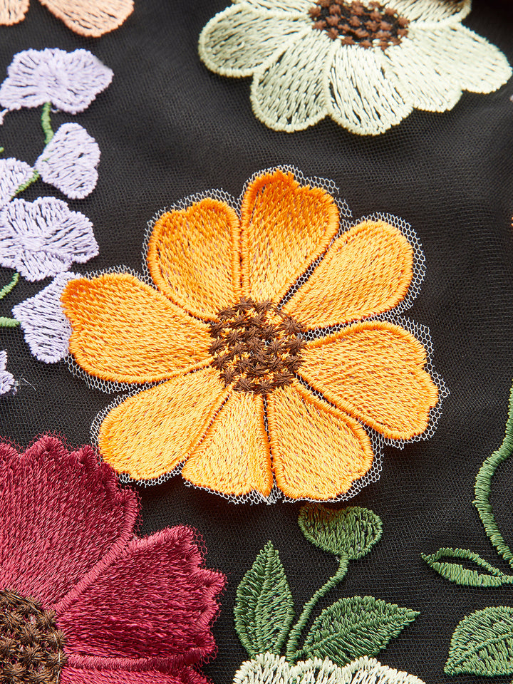 Renkli Çiçek İşlemeli File Elbise