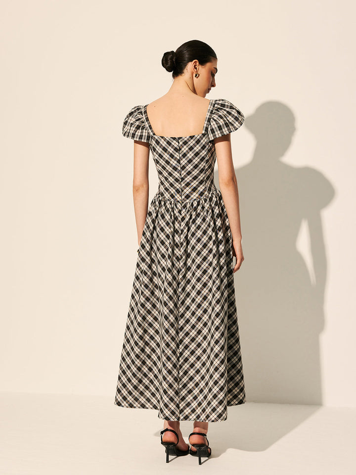 Dama Tahtası Kabarık Kollu Elbise