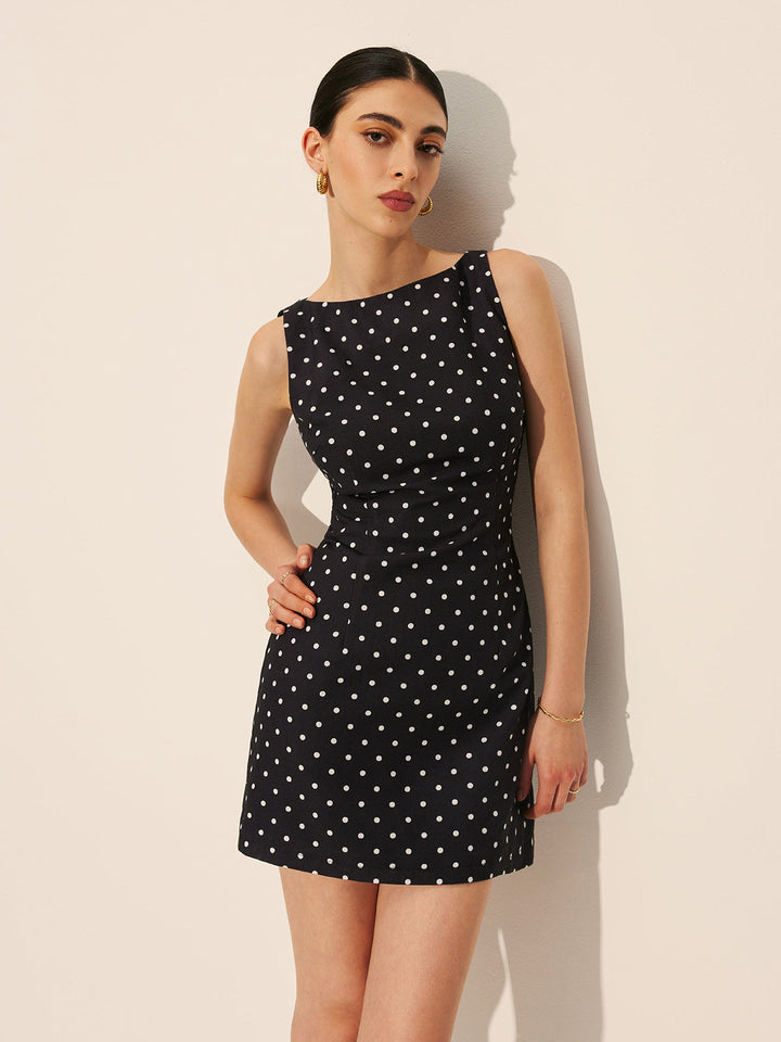 Polka Dot Fermuarlı Yuvarlak Yaka Kısa Elbise