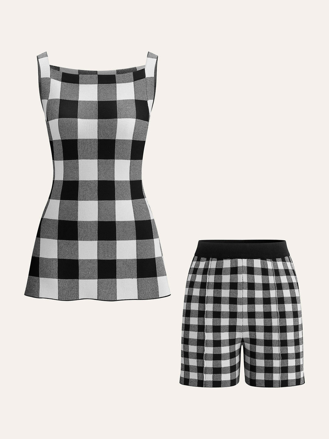 Dama Tahtası Kolsuz Örgü Şort Takımı