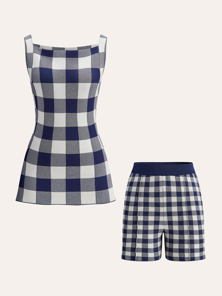 Dama Tahtası Kolsuz Örgü Şort Takımı