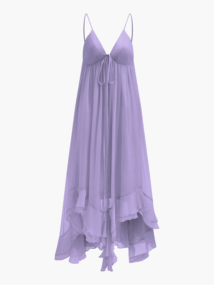 Yarı Şeffaf Şifon Katmanlı Elbise Pelerinli