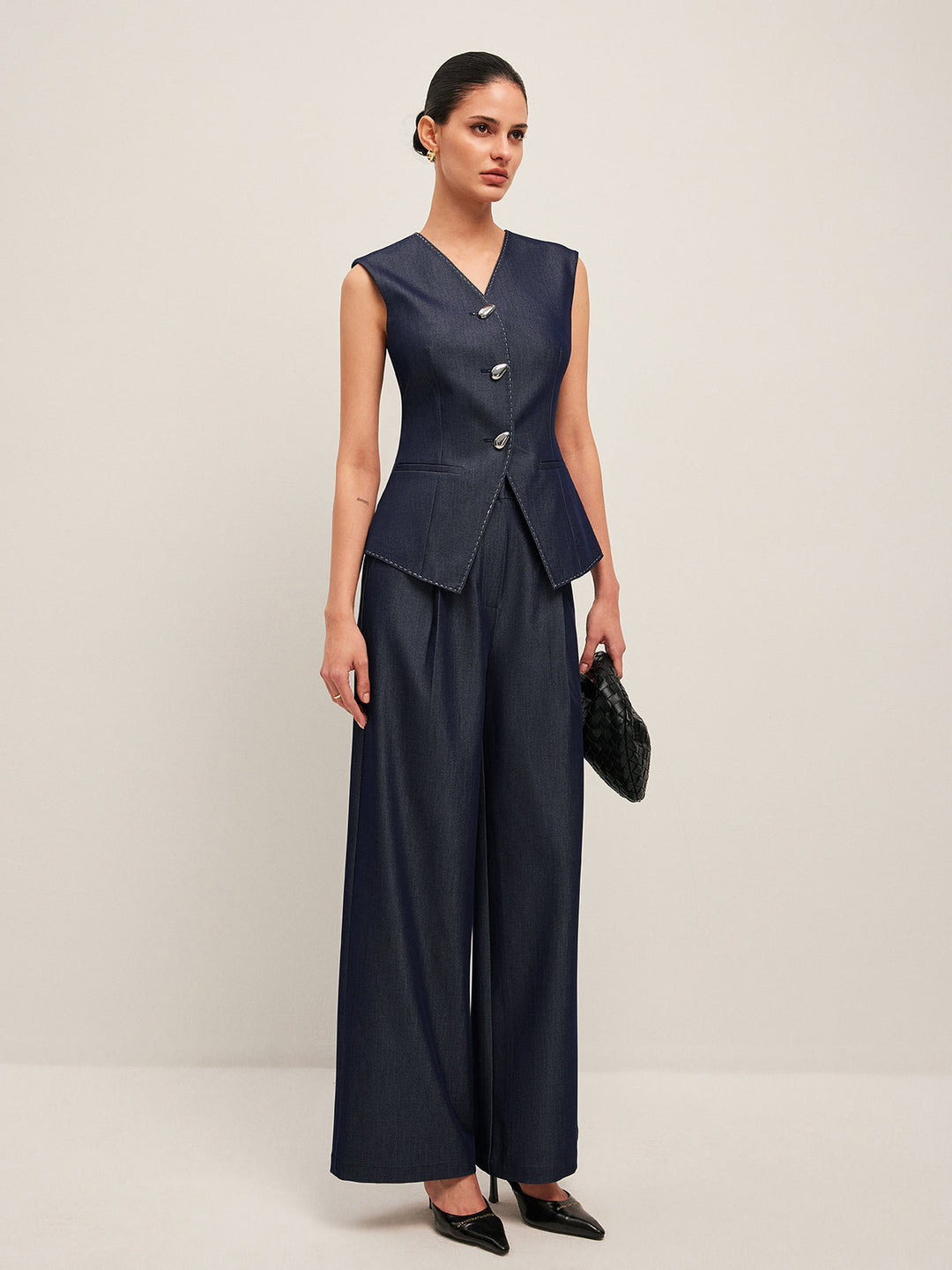 Kontrast Dikişli Düğmeli Peplum Yelek