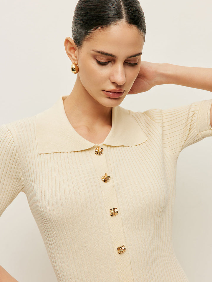 Örgü Hollow Düğmeli Polo Elbise