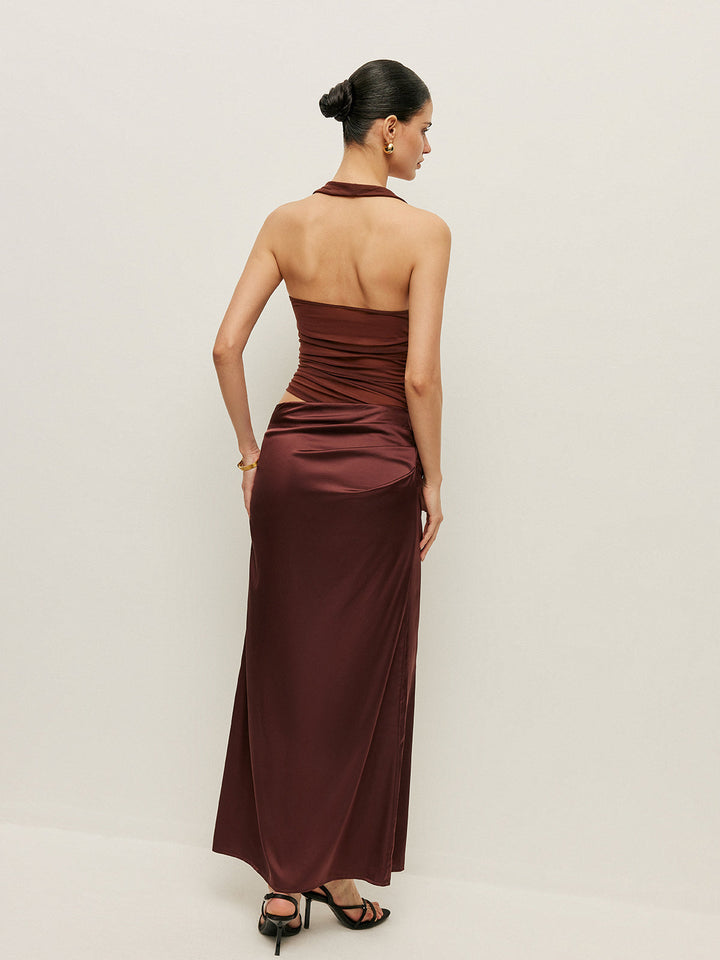 Buruşuk Halter Yaka Kesim Detaylı Elbise