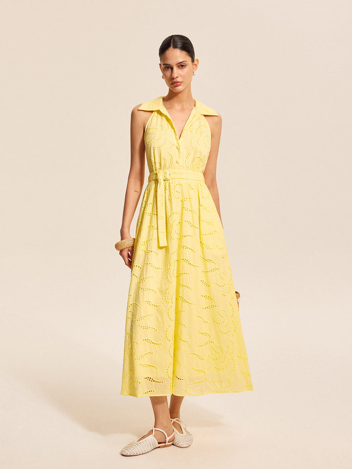 Pamuklu Kuşaklı İşlemeli Elbise