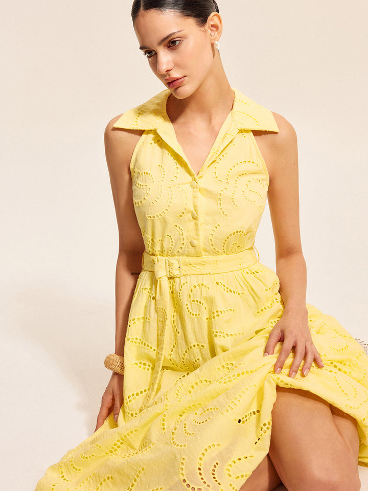 Pamuklu Kuşaklı İşlemeli Elbise