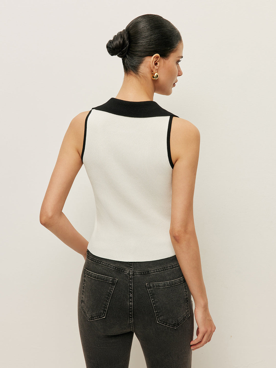 Kontrast Trim Yaka Düğmeli Örgü Yelek