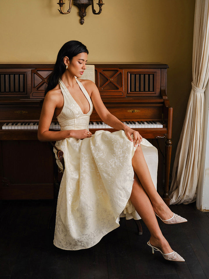 Vintage Halter Bağcıklı Sırt Elbisesi