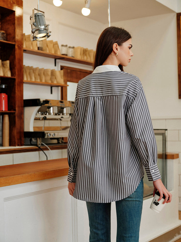 Çizgili Kontrast Yaka Düğmeli Gömlek