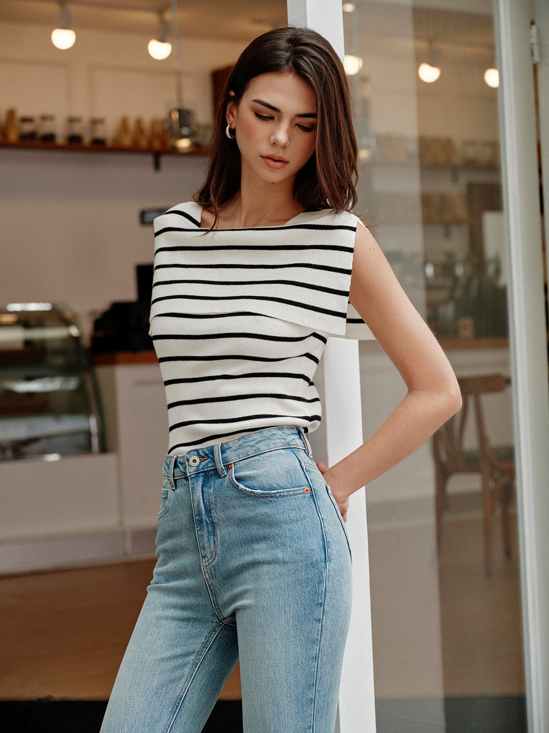 Çizgili Şal Yaka Örgü Üst