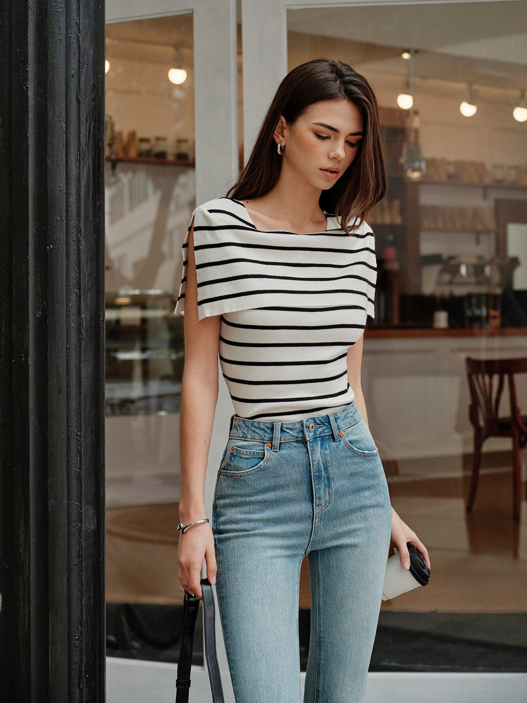 Çizgili Şal Yaka Örgü Üst