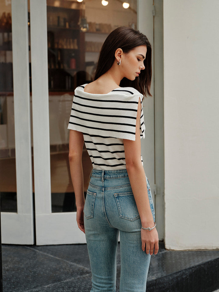 Çizgili Şal Yaka Örgü Üst