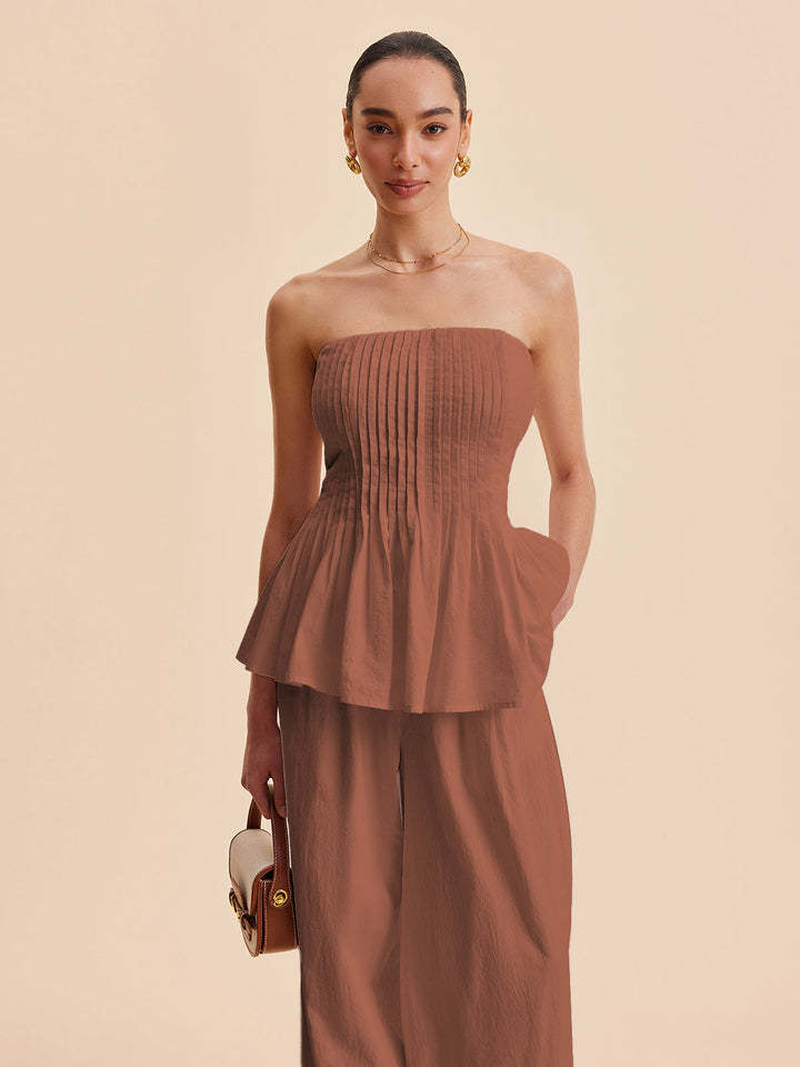 Pamuklu Pliseli Straplez Peplum Üst