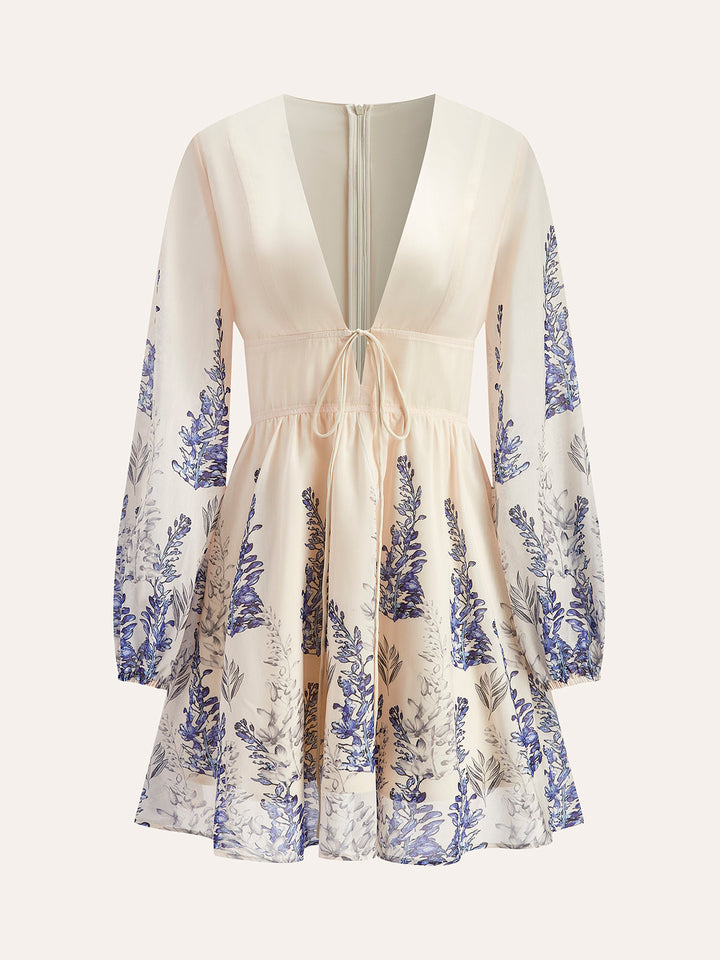 Çiçek Desenli Önden Bağcıklı Elbise