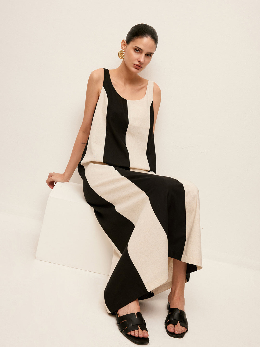 Pamuk & Keten Çizgili Kolsuz Elbise