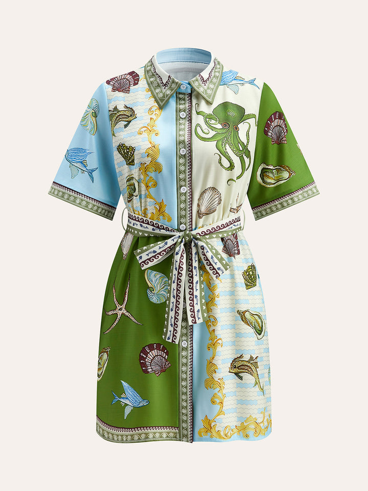 Düğmeli Yaka Su Desenli Gömlek Kemerli