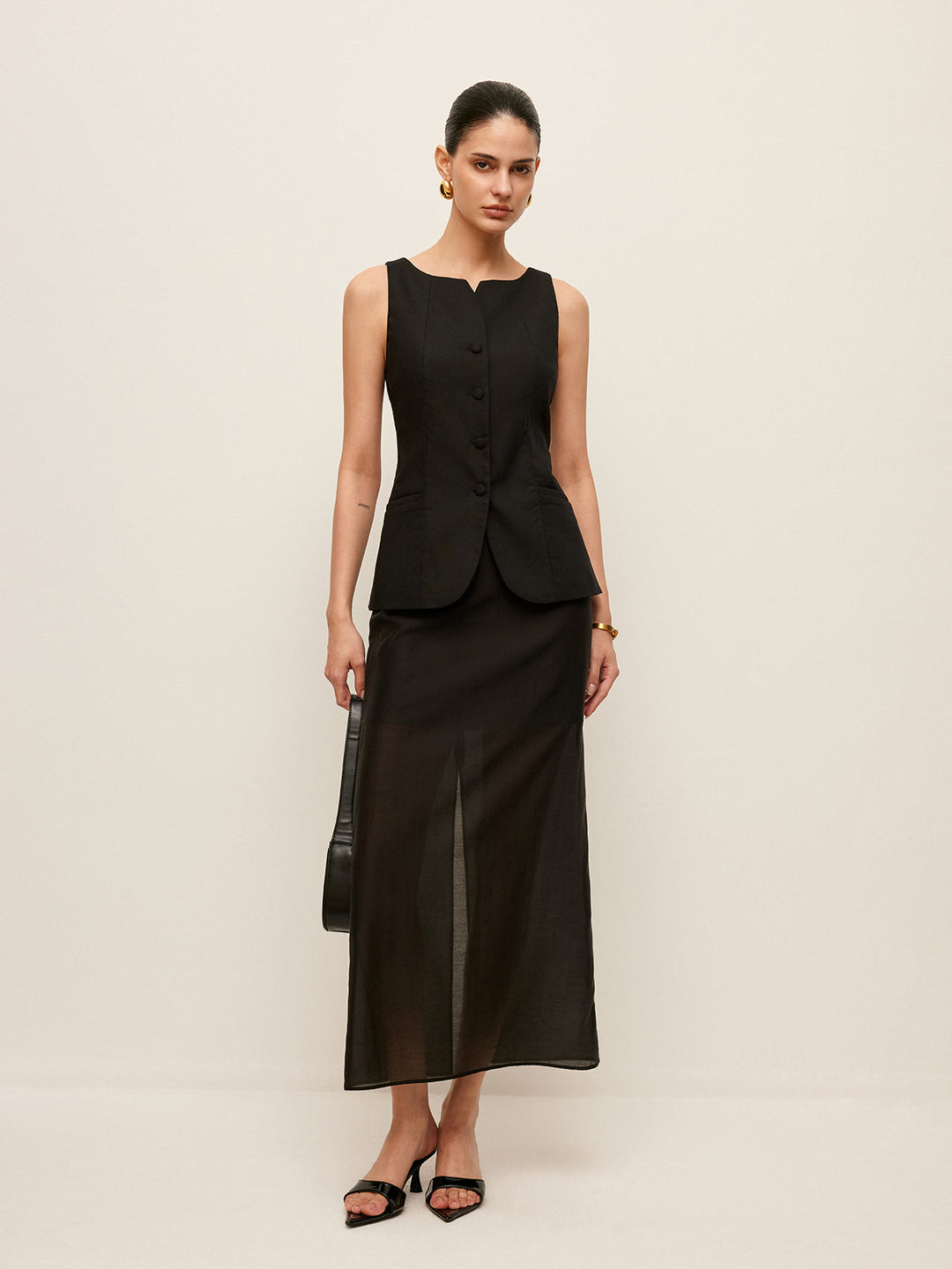 Pamuk Ve Keten Düğmeli Ön Yelek Kemersiz