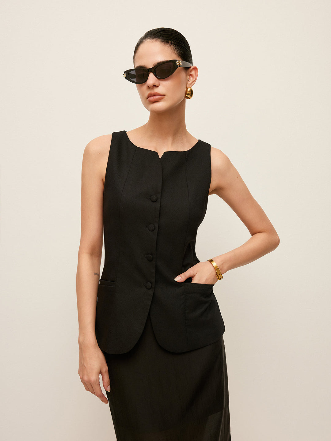 Pamuk Ve Keten Düğmeli Ön Yelek Kemersiz