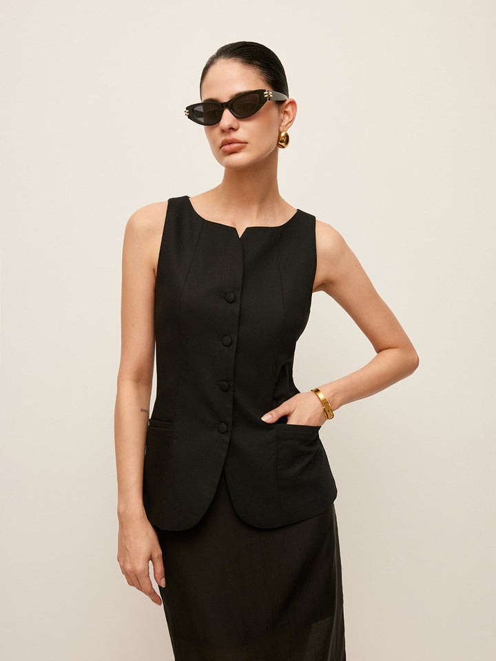 Pamuk Ve Keten Düğmeli Ön Yelek Kemersiz