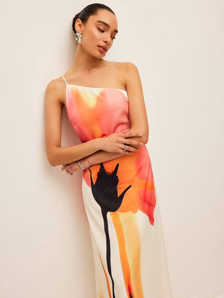 Asimetrik Çiçek Desenli Sırtı Bağlanmış Elbise