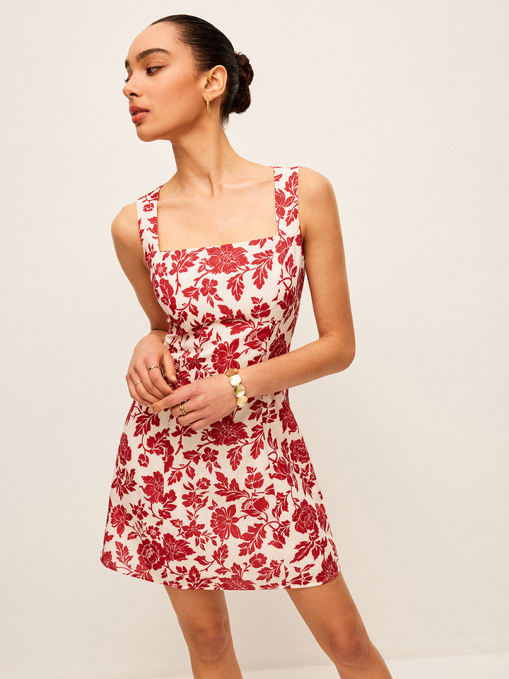 Flora Desenli Kare Yaka Elbise