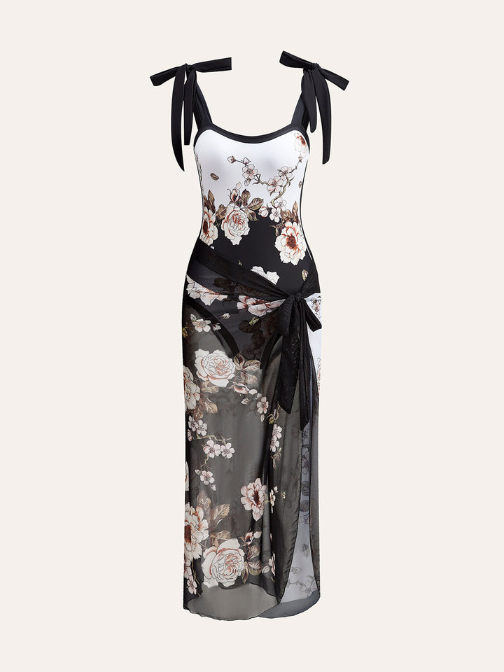 Çiçekli Bağcıklı Omuzlu Tek Parça Mayo Üstü Örtülü