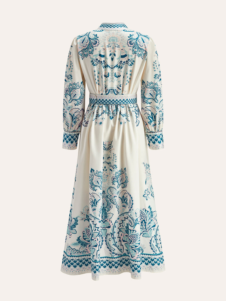 Baskılı Düğme Detaylı Kemerli Elbise